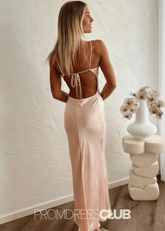 Sarah | Sheath Column Tie - Back Blush Chiffon Long Bridesmaid Dress - Price #price_variant_lowest# - Blush - PromDressClub
